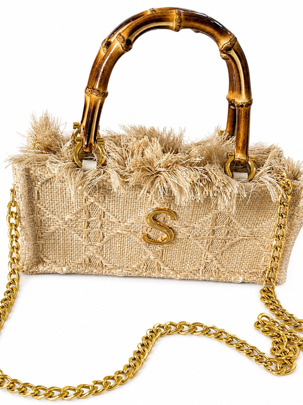 Beige Raffia Mini Top-Handle Bag with Bamboo-Style Handles